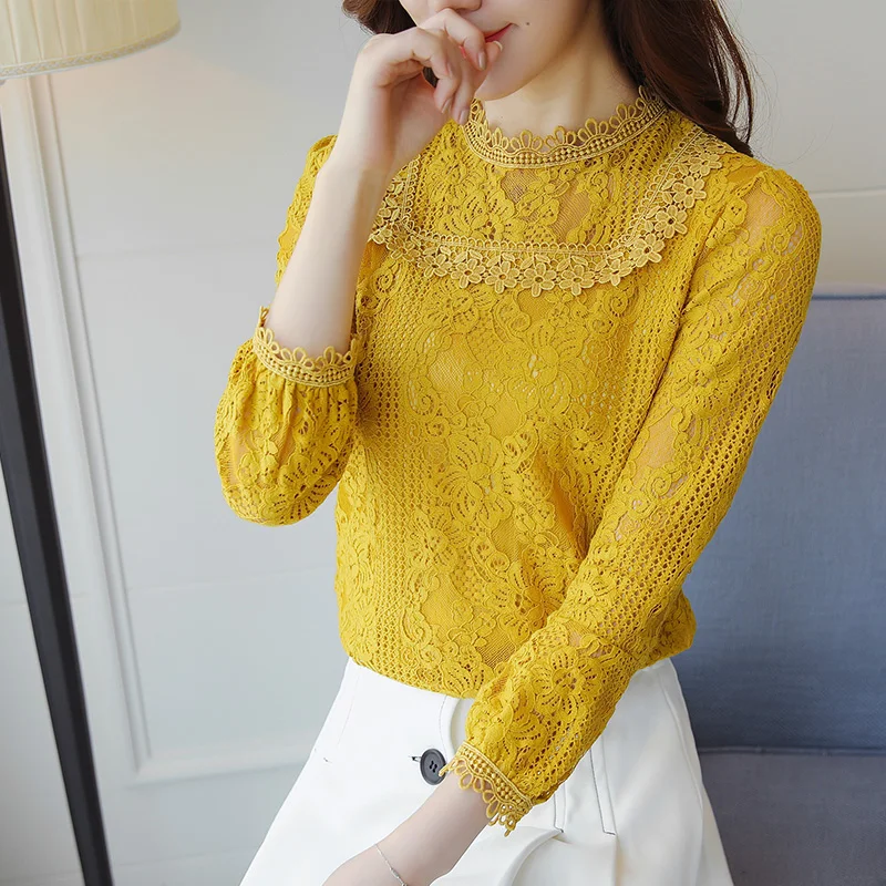 

Free Shipping 2017 New Long Sleeve Women tops Lace O-neck ruff Sleeve Fashion Autumn Black Blouse Shirts women Blouses 889A