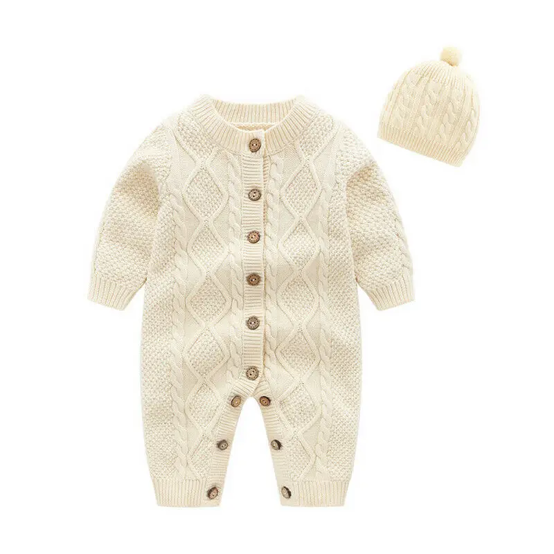 Теплый Детский комбинезон для маленьких мальчиков и девочек от 0 до 18 месяцев, вязаный однотонный однобортный комбинезон, одежда, свитер