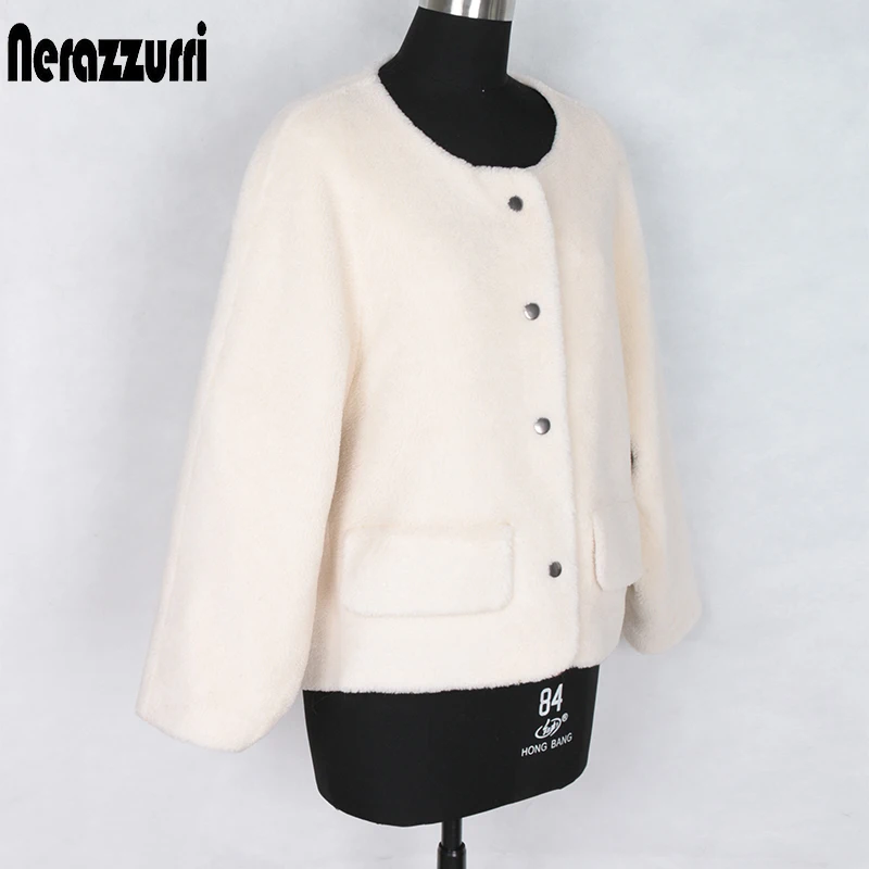 

Nerazzurri Winter oversized sheep wool jacket women 2019 high quality faux fur teddy bear jacket white faux sheepskin fur coat