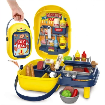 

BBQ Grill Play Set Accessories Suitcase Pack Storage Box Kids Barbecue Food Cooking Kitchen Pretend Play Toys