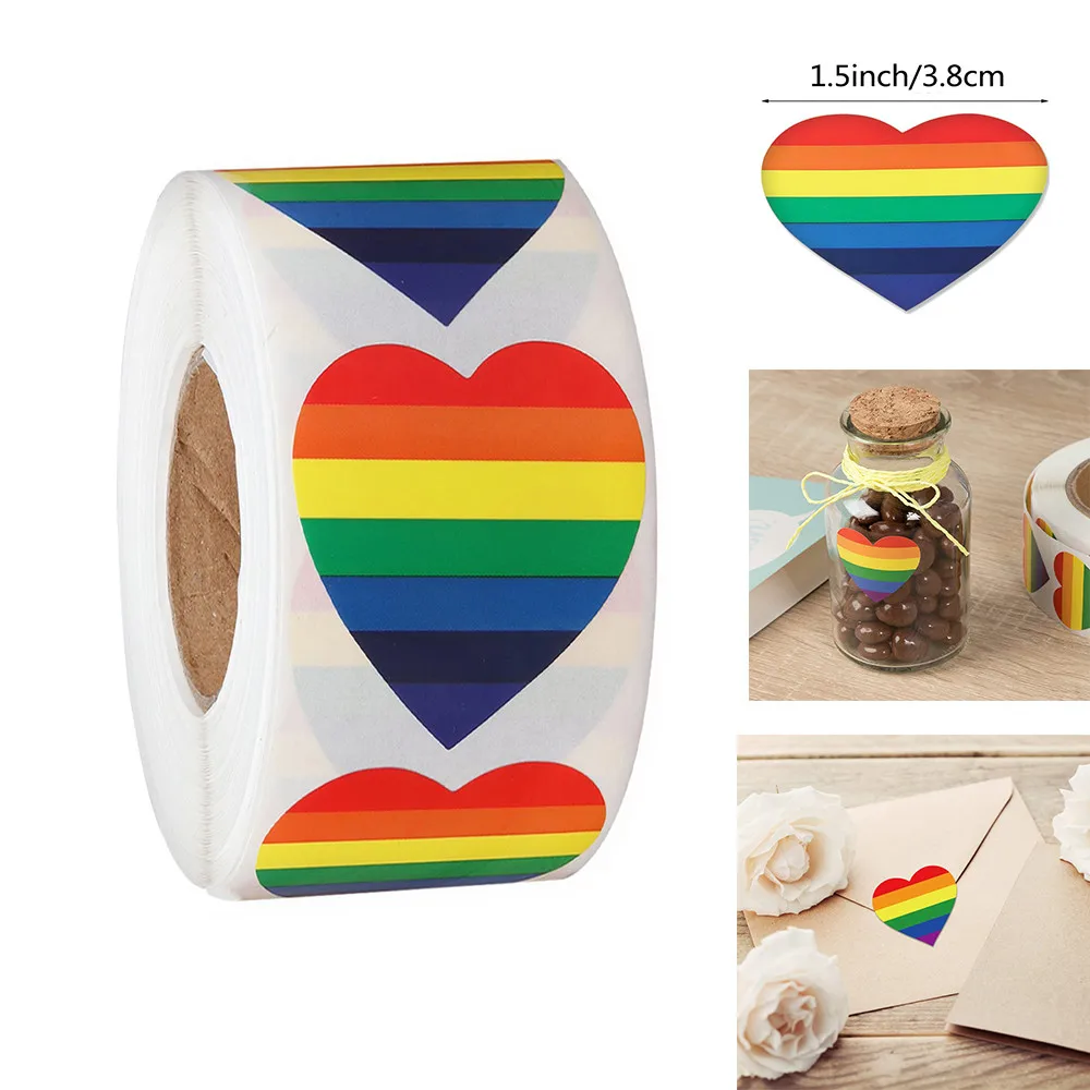 500 Piece Gay Pride Stickers Love Pride Rainbow Stickers Love Heart Baking Sticker 1.5 Inch Love Rainbow Heart Shaped Roll Tape afbeelding
