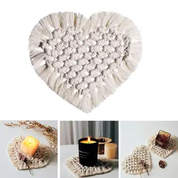 

Bohemia Style Cup Pad Handwoven Cotton Coaster Heart Shaped Solid Color Cup Mat Macrame Coaster Home Decoration