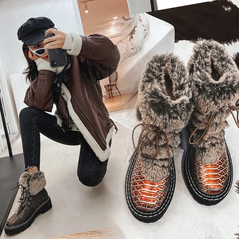 

Western Style Short Boots 2019 Autumn And Winter New Style Snakeskin Rabbit Fur Martin Boots Women's Genuine Leather Thick Botto