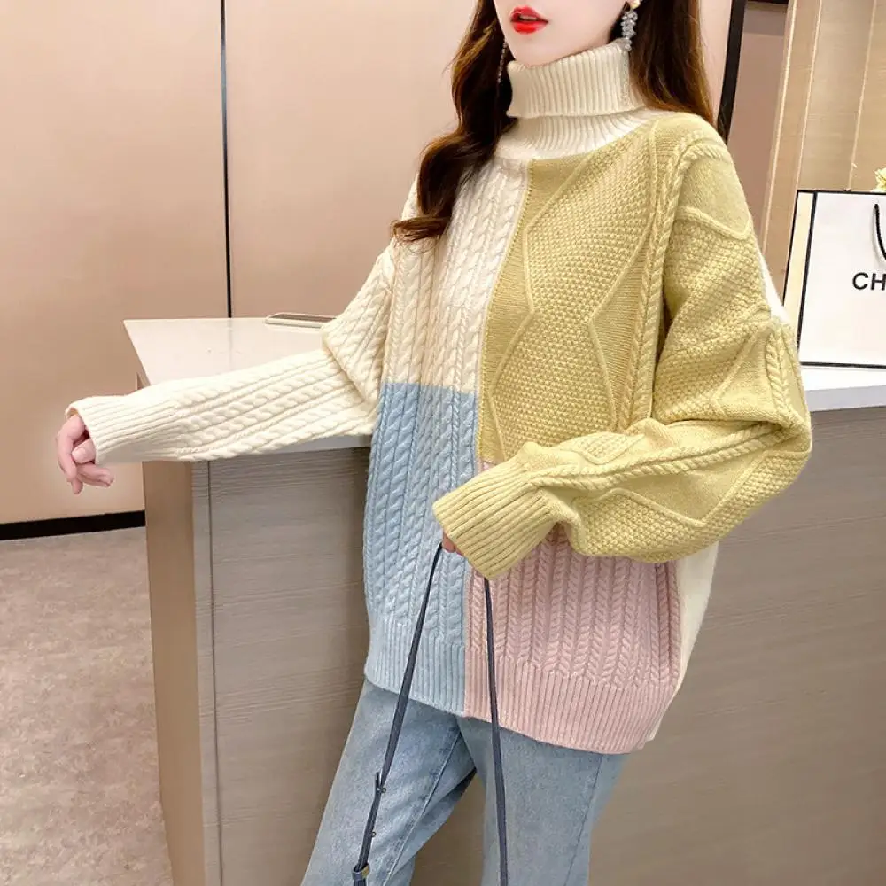 

WomenVintage Pullover and Sweaters 2020 Winter Loose Style Striped Pull Jumpers Korean style turtleneck Knitwear Casual Tops