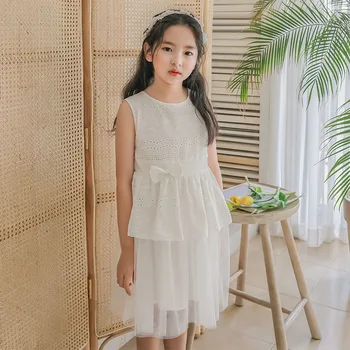 

YourSeason Children 2020 Summer Sleeveless White Dress Korean Style Hollow Princess Teen Girls Mesh Patchwork Dresses O Neck