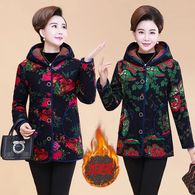 Winter Hot Selling Middle-aged Women Dress Brushed And Thick Cotton Coat Middle-aged WOMEN'S Apparels Warm Hooded plus Velvet Co