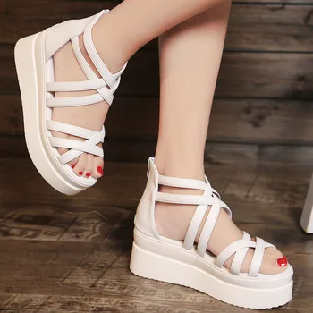 

Women White Platform Cross Narrow Band Sandals Fashion Peep Toe Wedges High heels Female Summer Beach Shoes Sandalias Mujer