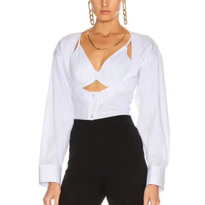 spring fashion sexy hollow fake two pieces of wild slim slim stripe one-piece shirt women