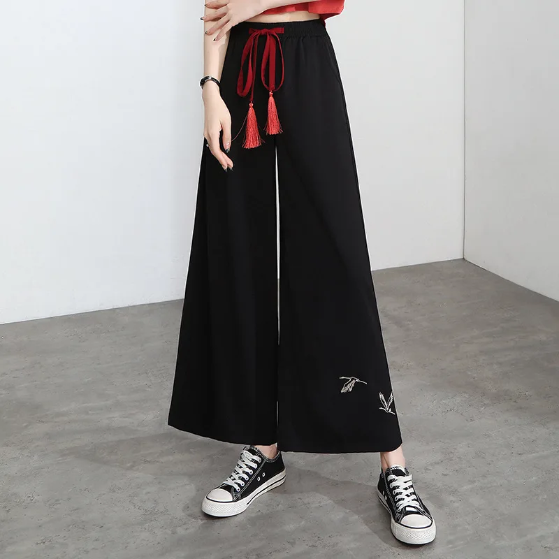 Harajuku Vintage Chiffon Chinese Style Casual Trousers Black Loose Women Kung Fu Pant Summer