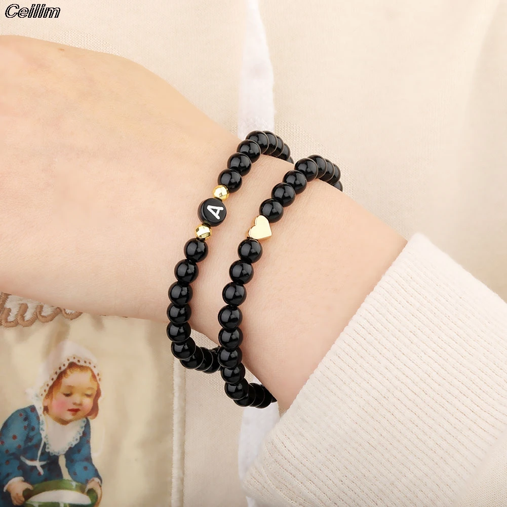 Initial Letter MAMA Black Beads Bracelet MOM Beaded Bangles For Women 2021 Mother's Day Gifts Bracelets Fashion Family Jewelry