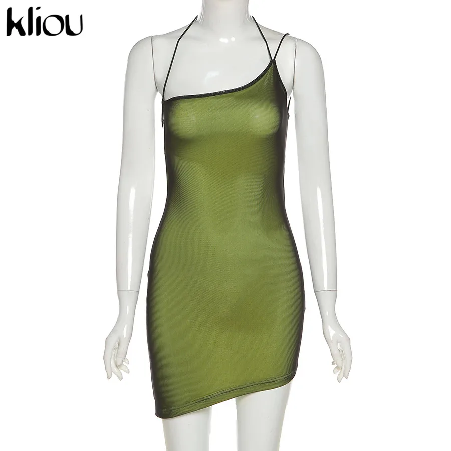 Kliou Mesh Halter Tie Up Baddie Dresses For Women 2021 Summer Casual Street Style Sexy Backless Sleeveless Mini Dress Female Hot business casual women