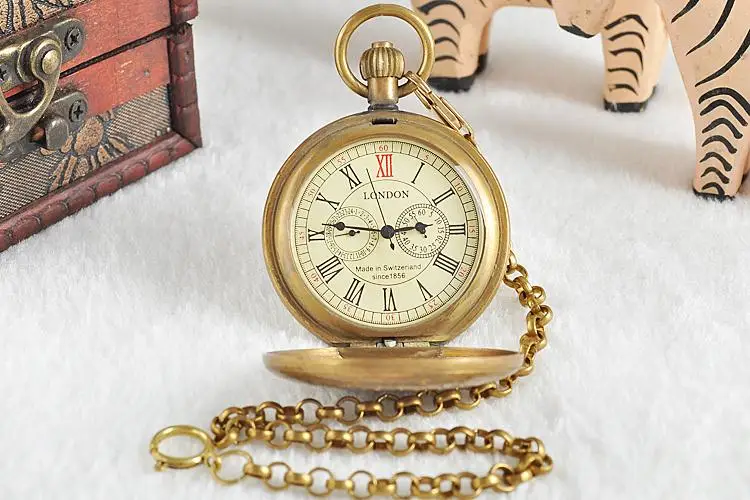 Античная медь London карманные часы механические часы ручной Ветер Скелет Мужские карманные часы с часы на цепочке для рождественского