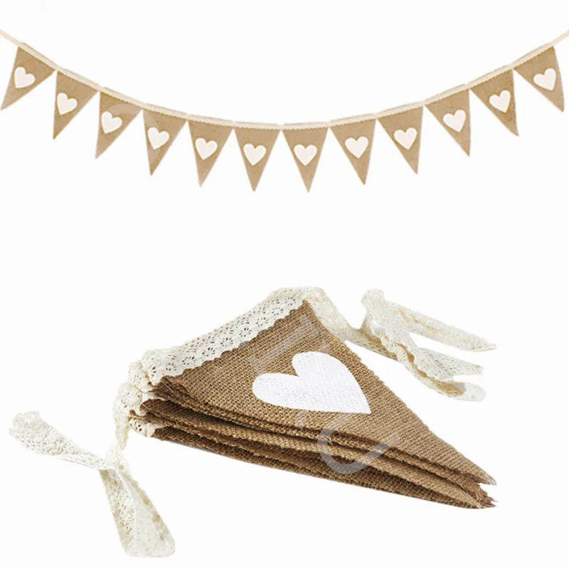 12 Flags Jute Fabric Bunting Banner white Heart lace 2.5m vintage ...
