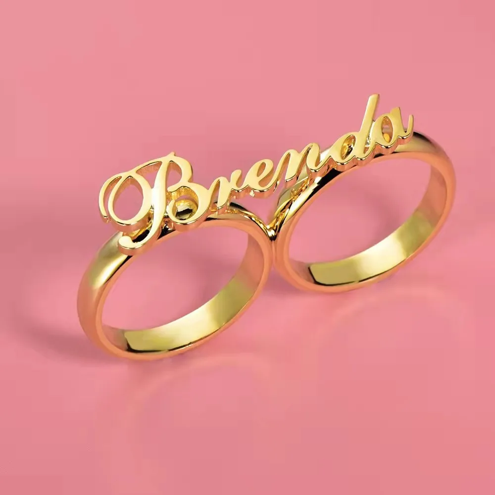 Customized Name Ring for Women New Fashion Personality Stainless Steel Custom Nameplate Two Finger Rings Fashion Jewelry Gifts