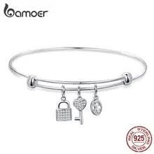 BAMOER замок и браслет с подвеской в форме ключа 925 пробы Серебряный Регулируемый прозрачный CZ браслет для женщин помолвка Свадебные ювелирные изделия SCB119