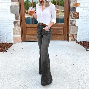 

Women Vintage Xs-4Xl Plus Size Jeans Washed Bleached Casual Loose Flare Pants High Waist Slim Denim Long Jeans