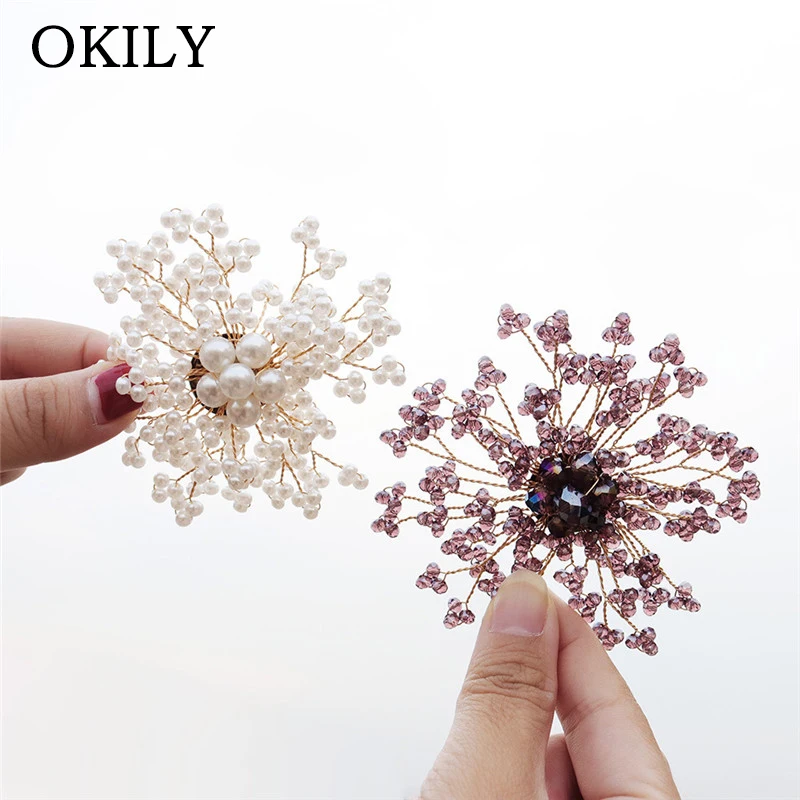 Beautiful Handmade Pink Crystal Silver Color Flower Brooches for Women Wedding Bridal Party Bouquet Imitation Pearl Broochpins | Украшения