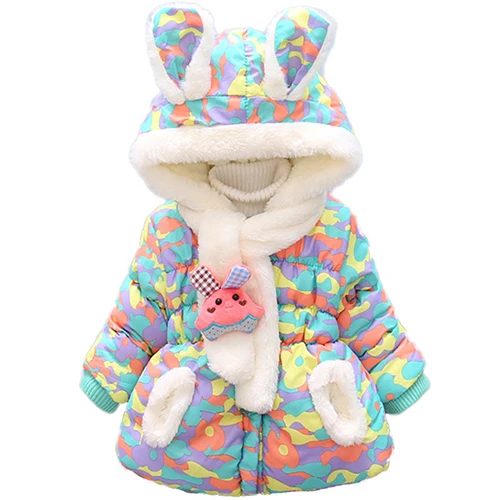 Cute Rabbit Girls Baby Jacket Thick Cotton-Padded Baby Girl Outerwear Infant Baby Boys Parka Toddler Girls Snow Wear Winter - Color: Green