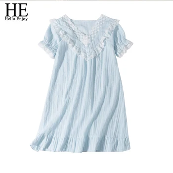

HE Hello Enjoy teens Girl Pajamas Dress New Long Solid Color Fairy Lace Palace Pajamas Home Service Kids Nightgown For Girls