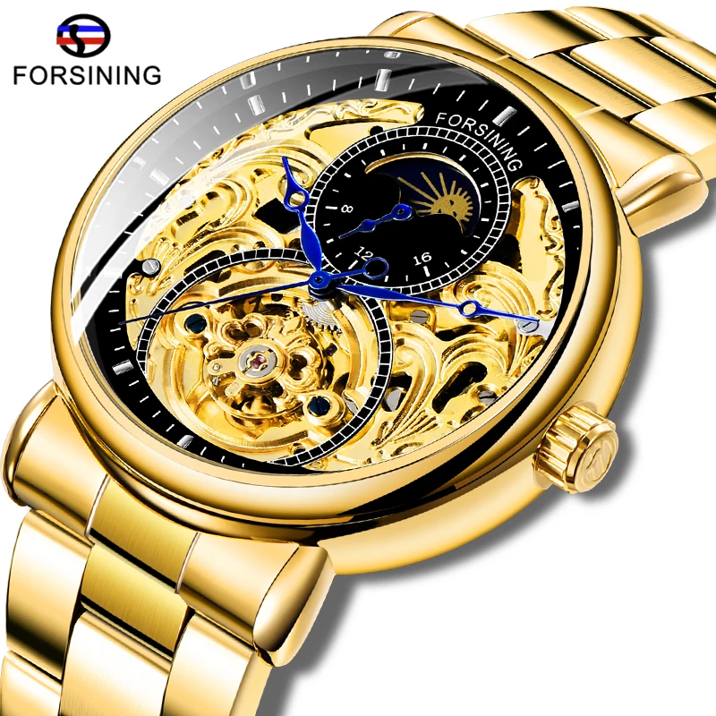 

Top Brand FORSINING Golden Black Men Automatic Mechanical Watch Moon Phase Stainless Steel Waterproof Watch Relogio Masculino