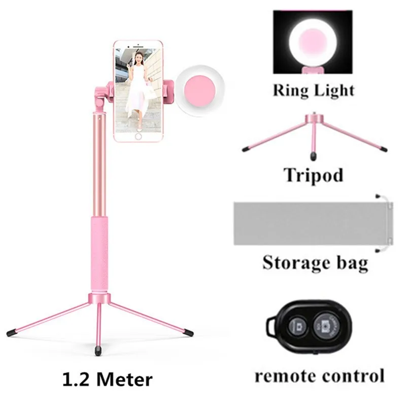 Регулируемый кольцевой светильник для селфи 1,7 м, Выдвижной Штатив для селфи, светодиодный кольцевой светильник для селфи с креплением для телефона, usb-разъем для штатива - Цвет: pink 1.2M