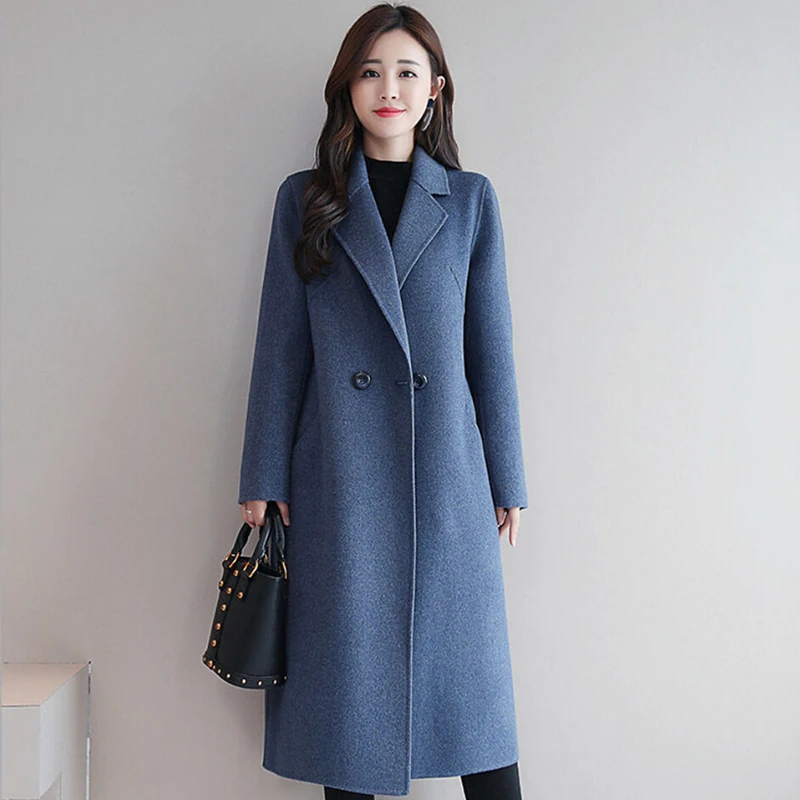 Тонкое шерстяное пальто для женщин с длинным рукавом и отложным воротником Верхняя одежда Куртка повседневное осень зима элегантное пальто - Цвет: Небесно-голубой