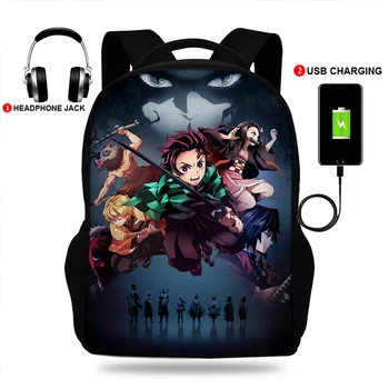 

17inch Kimetsu No Yaiba USB Backpack for Teenagers Girls Children School Bags Students Laptop Knapsack Travel Rucksack