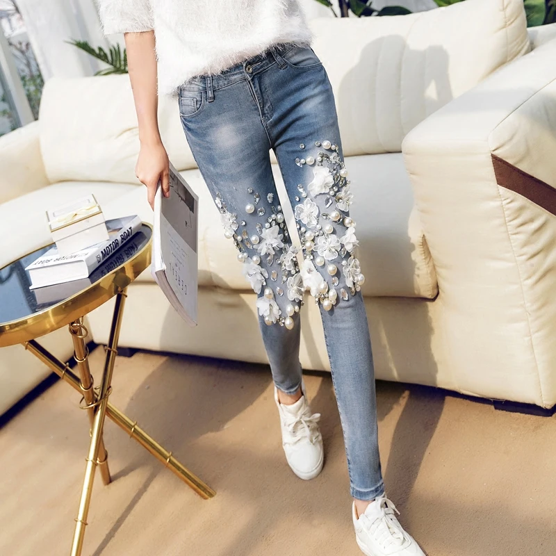 

2020 New Beaded Jeans Women's Ankle-Length Pants Diamond Set Heavy Industry Leggings Slim Stretch High Waist Jeans Street Style