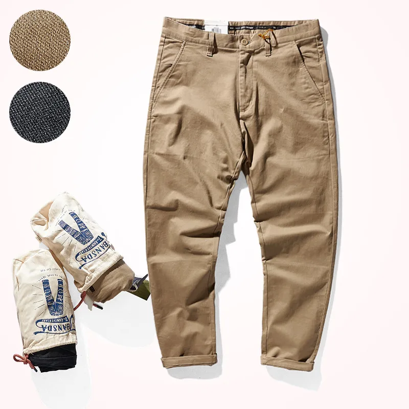

American Retro Heavyweight Woven Casual Tooling Pants Men's Fashion Slim CHINO Elastic Washed Old Twill Khaki Straight Trousers