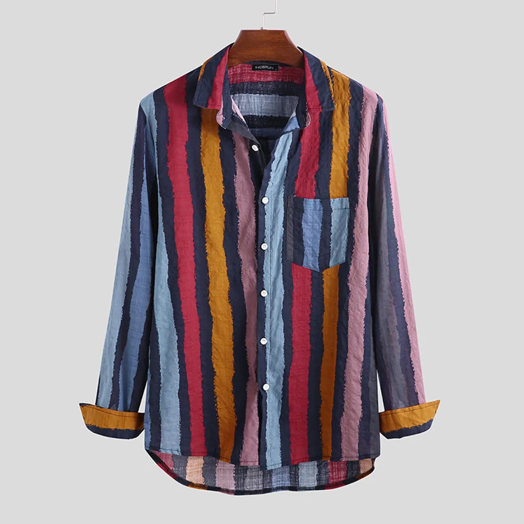 

Cotton Linen Streetwear RainbowColor Shirt Autumn 2019 Men's Fashion Casual Stripe Print Long-sleeved Shirt Tops Dropshipping 20
