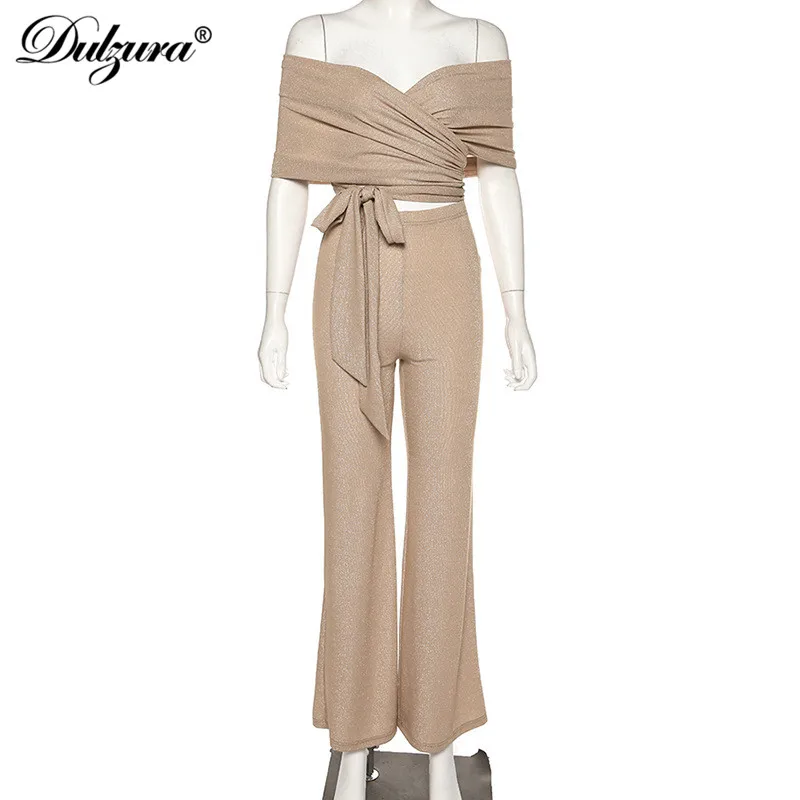Dulzura glitter bling women 2 piece set crop top wide leg pants bandage sexy party autumn winter clothes clubwear office