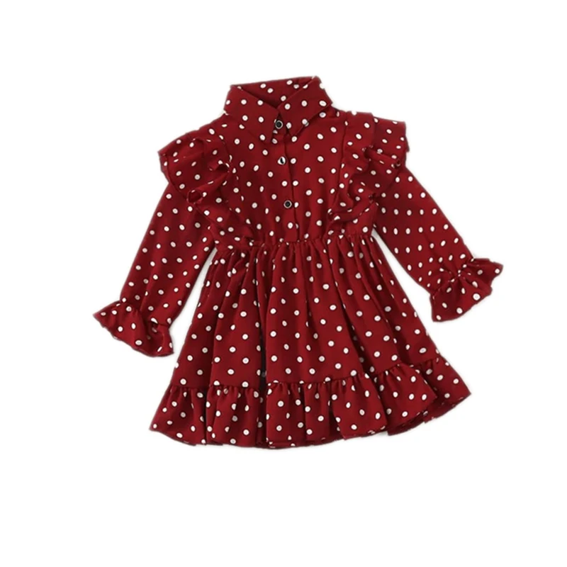 SHEIN Kiddie бордовый горошек для маленьких девочек милое платье Дети Осень Рукав-Волан юбка с оборками с завышенной талией подол короткие платья
