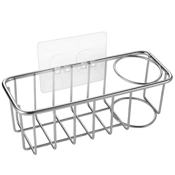 

Adhesive Sink Caddy Sponge Holder + Brush Holder 2-In-1 Premium Stainless Steel Kitchen Sink Caddy Sponge Holders