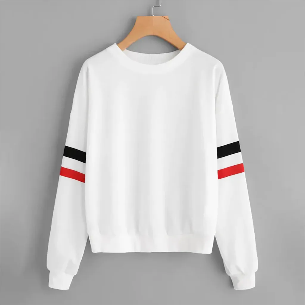 

Feitong Patchwork Long Sleeve Sweatshirt female O Neck White Casual Pullovers Sweatshirt Fluffy Stripe Long Sleeve Hoodies 2019