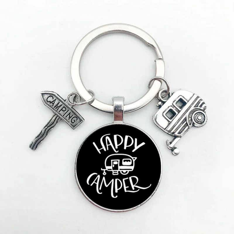 Camping Keychain Camper Wagon Trailer Signpost Vacation Travel Memorial Gift
