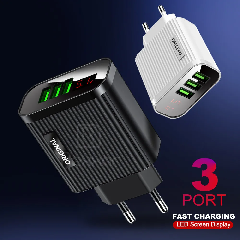 USB зарядное устройство светодиодный дисплей EU/US 3 порта быстрое для iPhone X 8 7 iPad samsung