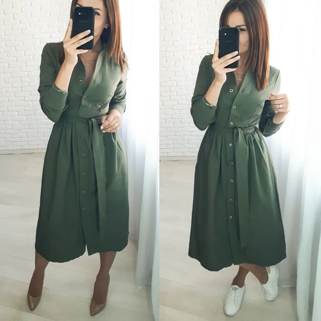 US $12.29 Women Vintage Sashes Front Button A-line Party Dress Long Sleeve Stand Collar Solid Elegant Office 