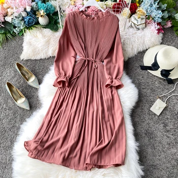 

Summer ruffles Dress 2020 korean Women elegant retro long Dresses ladies new popular long sleeve fashion pleated Dresses Vestido