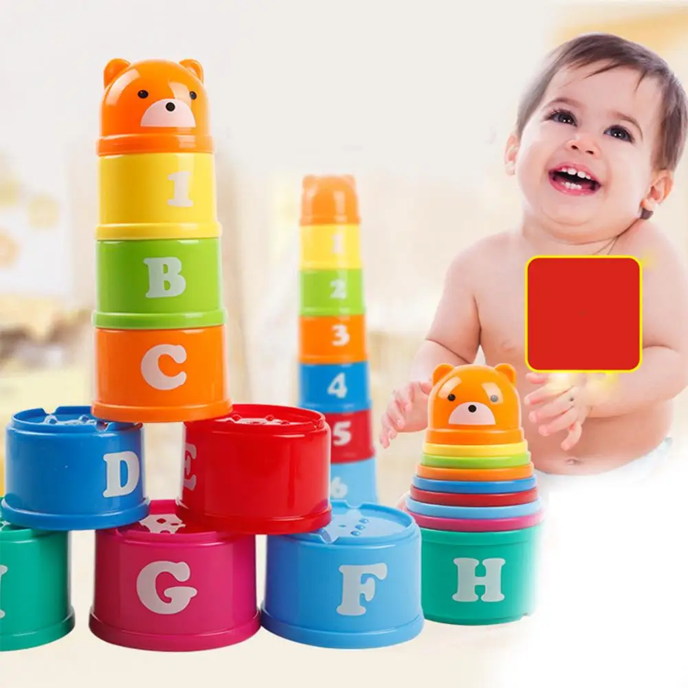 

9Pcs Bear Figure Letters Folding Stack Cup Tower Baby Kids developing handeye coordination problem solving Early Educational Toy
