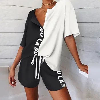 

SFIT 2020 Women's Print Pajamas Set Summer Tie-Dye V-neck Top 2 Piece Set Women's Tracksuit T-Shirt Suits Female Casual Suits