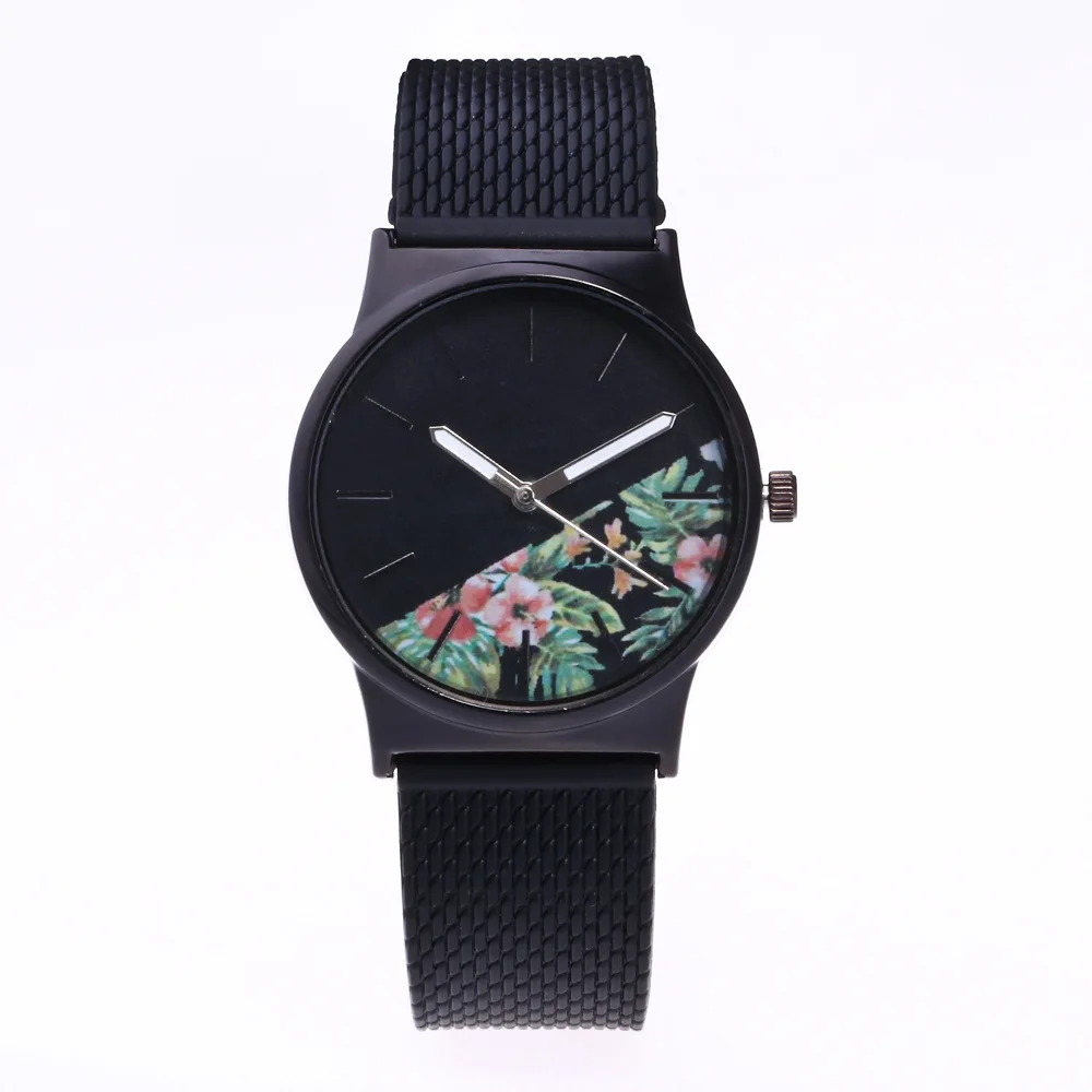 

Wish Hot Selling Rose Pattern Ladies' Watch New Style Hot Push Black And White with Pattern Simple Watch Silicone Strap PD1130