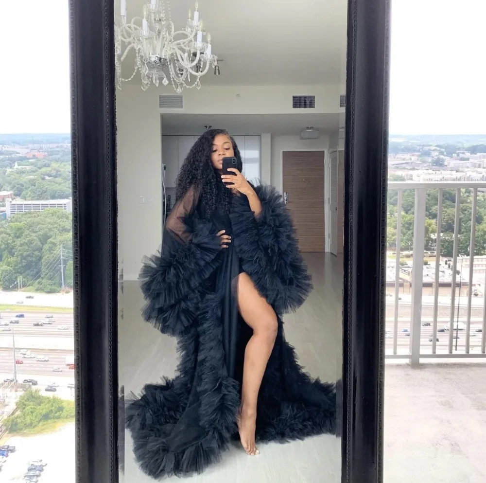 

Chic See Thru Tulle Ruffles Black Long Kimono Tiered Ruched A-line Prom Gowns Puffy Sleeves African Cape Cloak