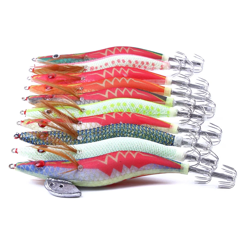 10Pcs/lot Fishing Lure Set Squid Jigs Glow At Night Artificial Fishing Lures Squid Jig Hooks Wood Shrimp Fishing Bait