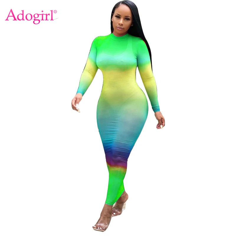 

Adogirl 2019 Autumn New Changing Color Sheer Mesh Dress Women O Neck Long Sleeve Bodycon Maxi Casual Dresses Fashion Vestidos