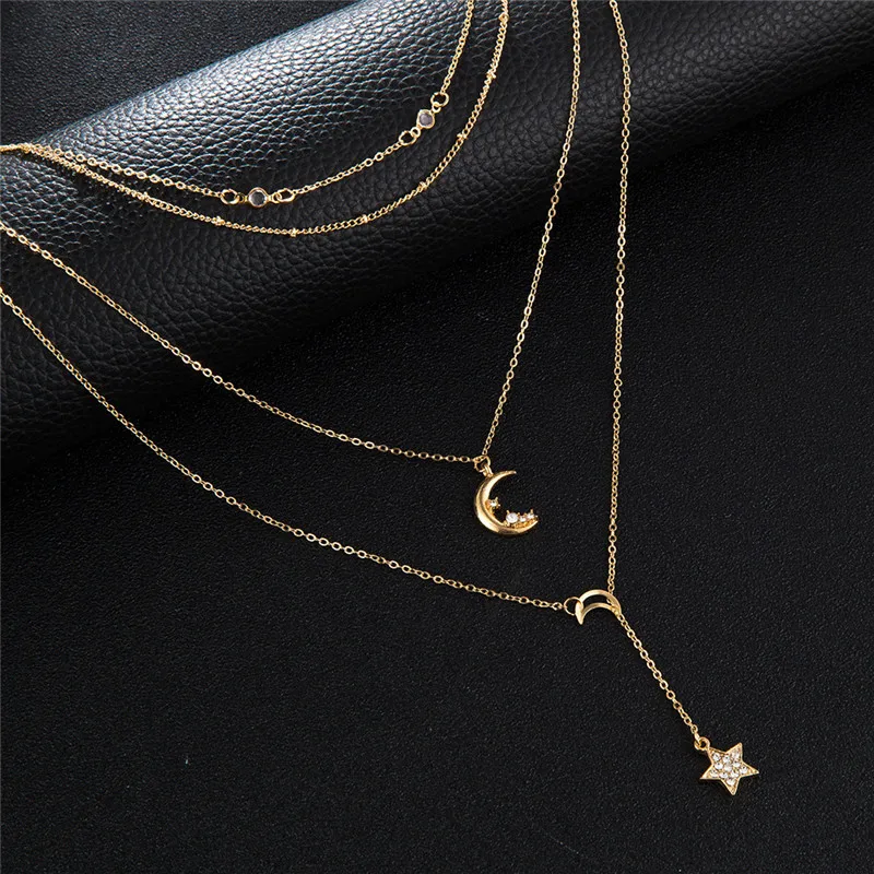

New Bohemia Gold Silver Star Moon Multilayer Necklace Women Long Pentagram Pendant Necklace Boho Style Jewelry Collars Wholesale