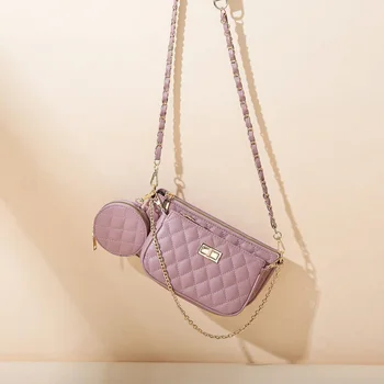 

Classic Plaid Leather Shoulder Bag Small Clutch Chain Crossbody Bag for Women 3 Pieces Set Messenger Bags Rhombus Mini Handbags