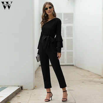

Womail Jumpsuit Women Fashion Black One Shoulder Flared Sleeve Wide Leg Jumpsuit Belted Solid Wide Leg Sexy Jumpsuit holiday
