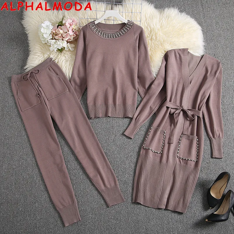 Женский вязаный кардиган ALPHALMODA комплект из 3 предметов свитер и брюки ручная