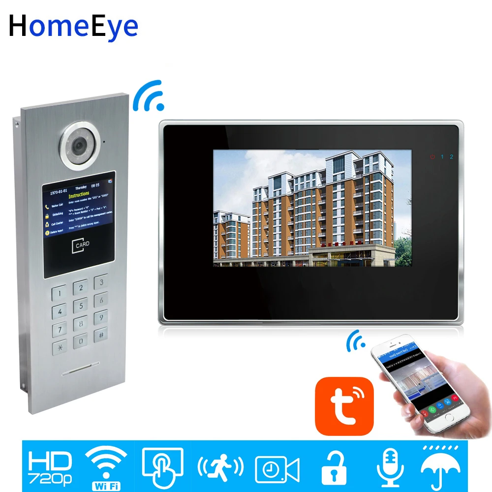 TuyaSmart APP Control WiFi IP Video Door Phone Intercom Video DoorBell Home Access Control System Password/IC Card Touch Screen