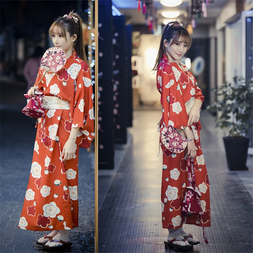 Japanese Traditional Kimono Yukata for Woman Sexy Floral Printed Evening Party Dress Obi Photography Elegant Sakura Cosplay